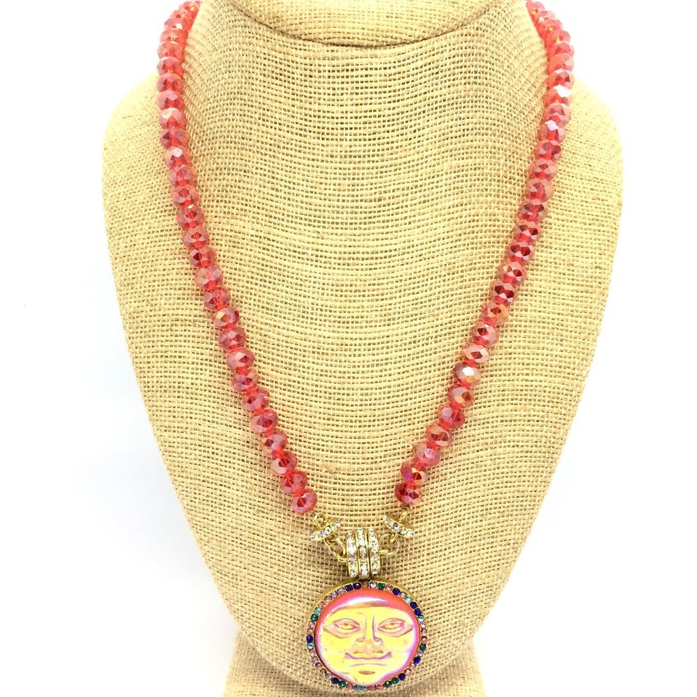 Vintage Iridescent Sun Face Pendant Necklace Red Beads Rhinestone Man 90s Boho
